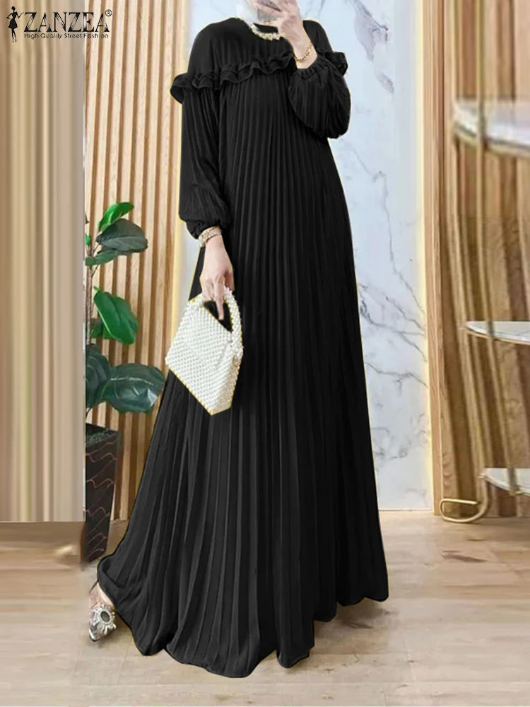 Elegant Autumn Maxi Dresses 2025 ZANZEA Women Fashion Long Sleeve Pleated Party Sundress IsIamic Robe Muslim Abaya Hijab Dress