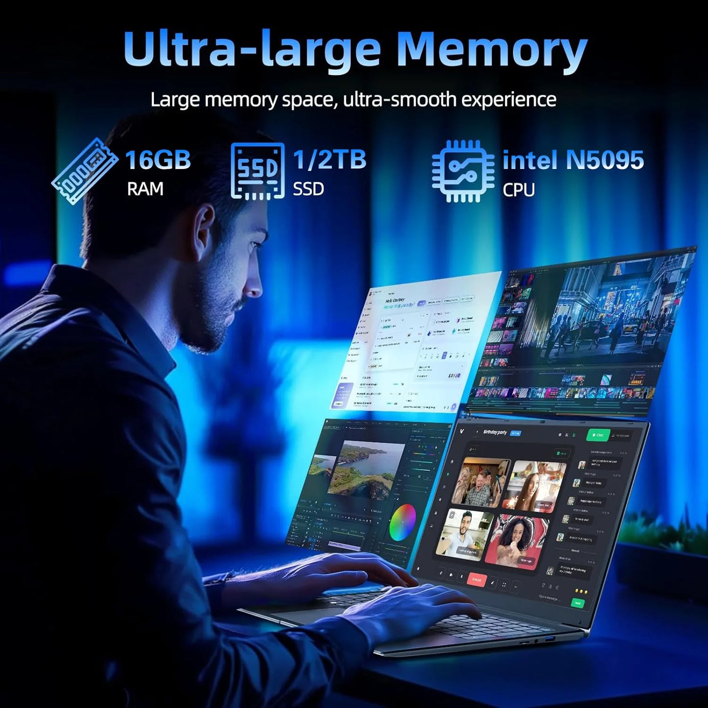 Hot 17.3" Laptop Computer Intel N5095 Windows 11 16GB DDR4 1TB SSD Fingerprint Unlock Gaming Office Study Laptop Computer