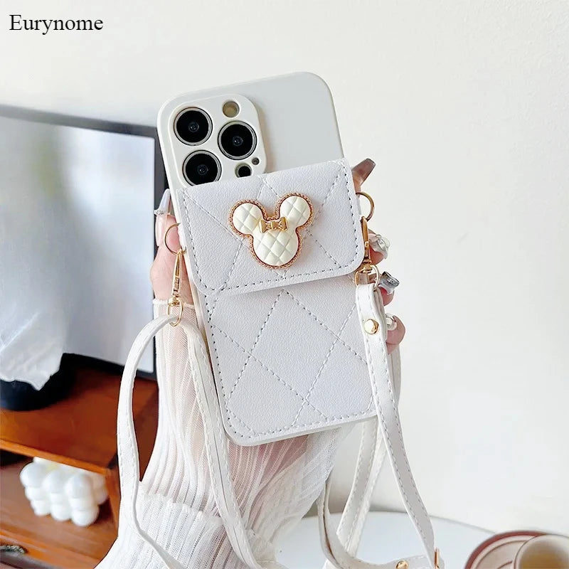 Cartoon Diamond Leather Wallet Case for Xiaomi Mi 14T 13T 12T 11T Redmi Note 14 Pro A5 14C Card Holder Crossbody Lanyard Cover