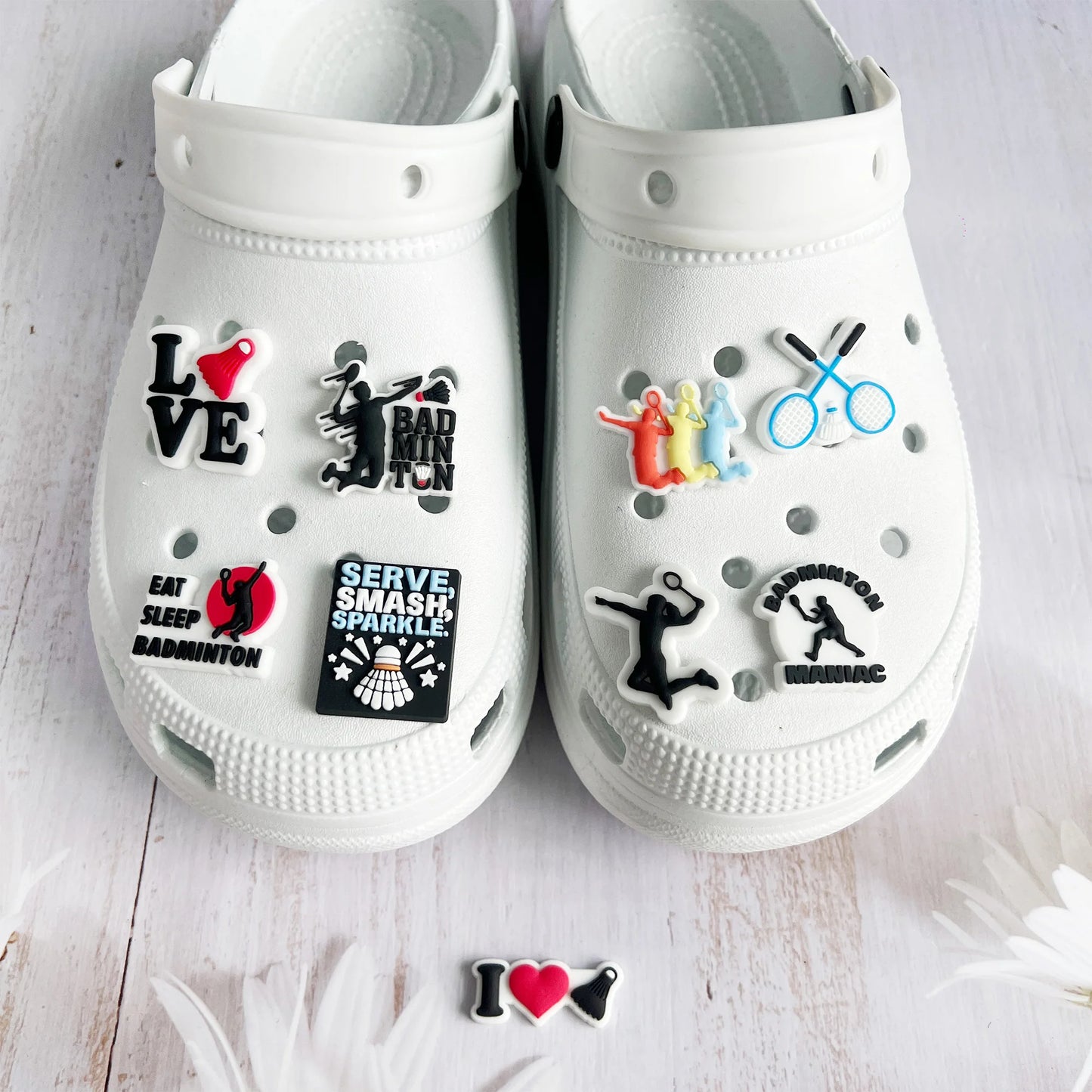1-9PCS Sport Love Badminton Maniac PVC Shoe Charms For Clogs Pins Fit Wristbands Garden Shoes Button Decorations Kid Gift