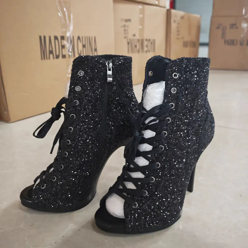 2025 Peep Toe Boots Lace up Female Shoes platform For Latin Dancing Street Sexy Stilettos Booties Plus Size 35-42