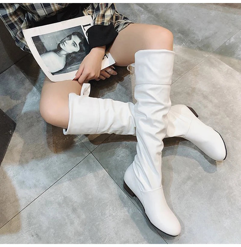 2023Shoes For Women  Knee High Boots Red Black White Tall Boots Woman Pleated Low Heel Casual Leather Female Long Shoes