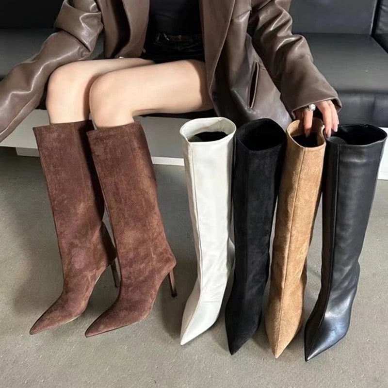 SUOJIALUN Brand Women Long Boots Fashion Pointed Toe Slip On Ladies Elegant Knee-high Boots Thin High heel Outdoor Dress Pumps