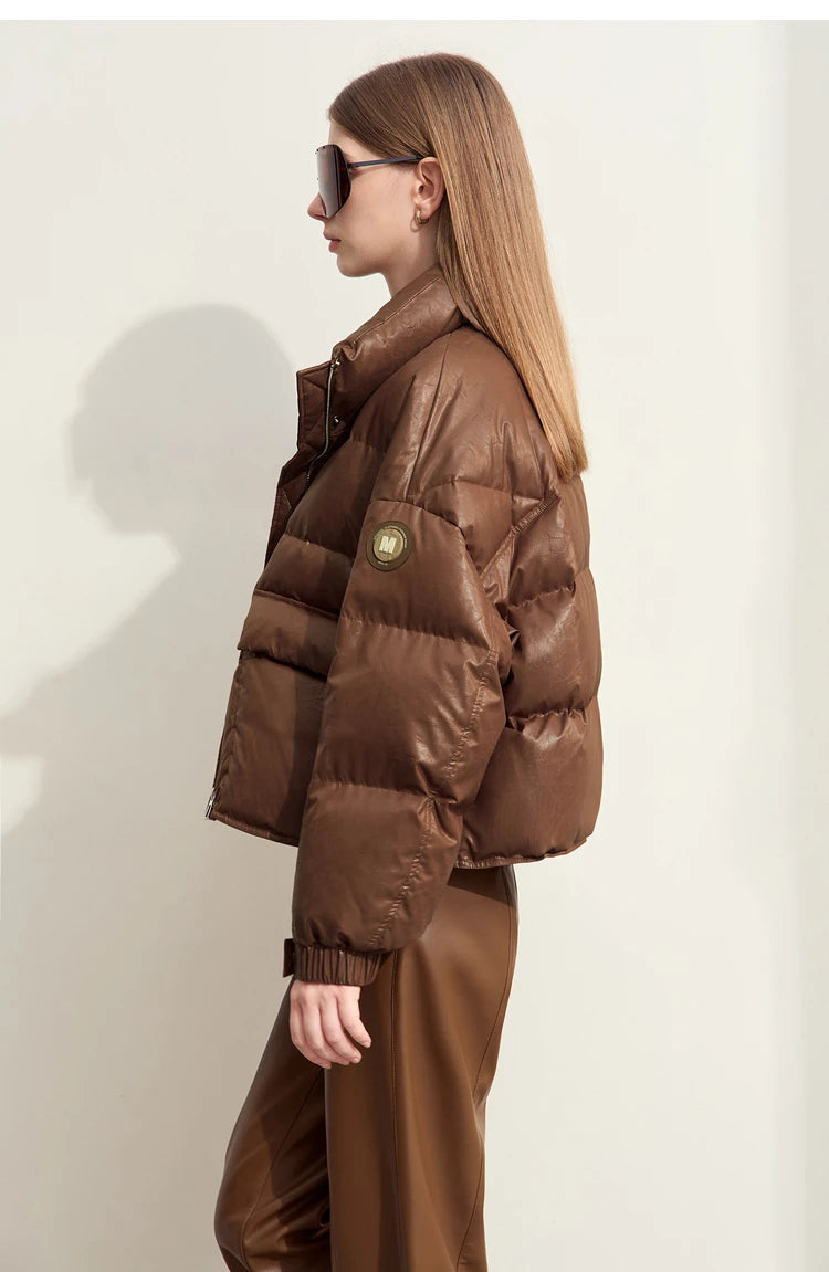 AMII Minimalist Women's Down Coat 2024 Winter Warm Thick Lapel Stand Collar Imitation Leather Duck Down Female Jacket 12444025