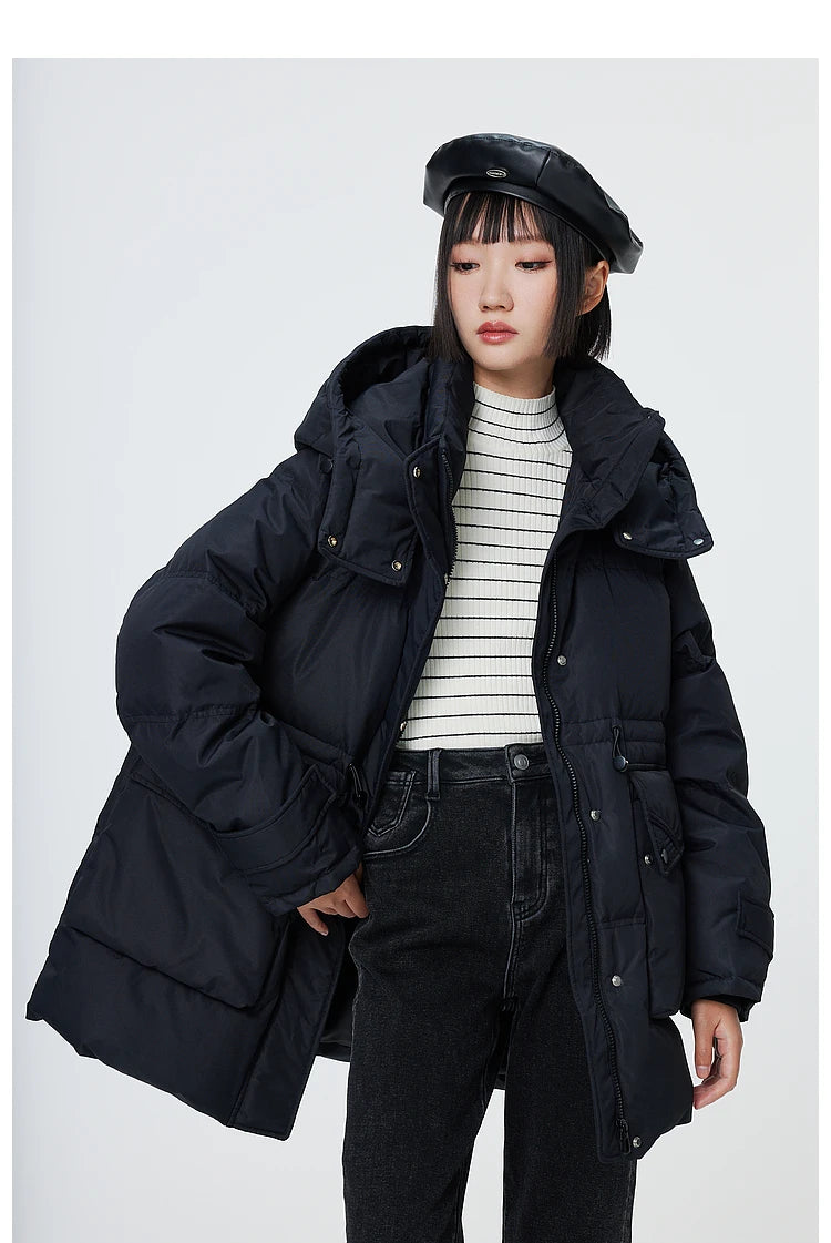 Metersbonwe Women's  Oversized Long Hooded Down Jacket Adjustable Pig Nose Buckle Waist Belt Utility Duck Down Parka Warm Winter