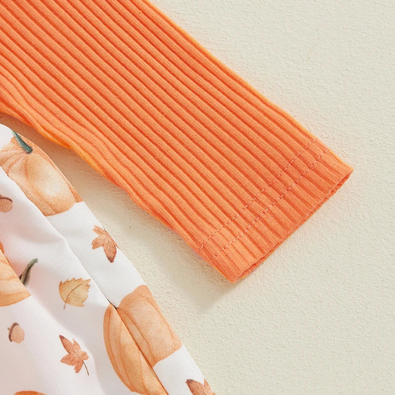 Newborn Baby Girl Halloween Clothes Outfit Pumpkin Ghost Print Long Sleeve Crew Neck Patchwork Romper Dress with Headband