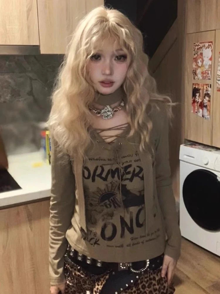 Long Sleeve Sexy Y2k T-shirt Women Tops High Neck Black Gothic Tees Cross Hollow Slimming Bottom Knitted Shirt Women Halloween