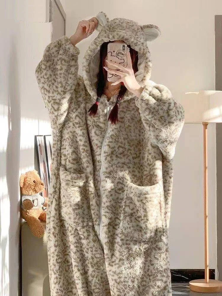 Leopard Hooded Pajamas Animal Kigurumi Unicorn Adult Onesies for Women Winter Sleepwear Flannel Pochets Overall Sets Slippers