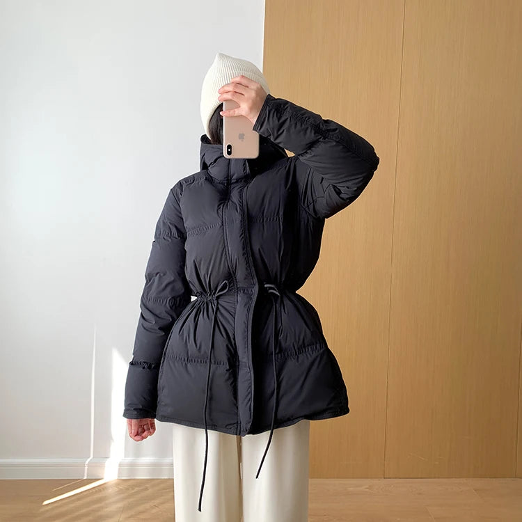 2023 New Autumn Winter Women Fashion Hooded 90% White Duck Down Coat Lady Slim Thick Warm Zipper Drawstring Lace-up Snow Jacket