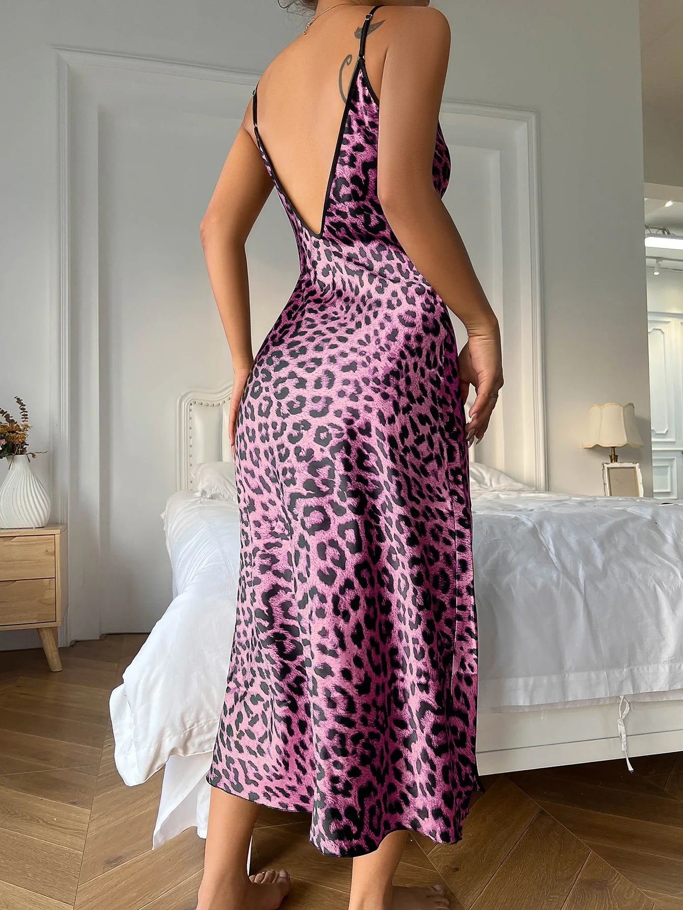 Fashion Backless Slit Ice Silk Camisole Skirt Nightgown Women's Summer Thin Breathable Imitation Silk Sexy Leopard Print Pajamas