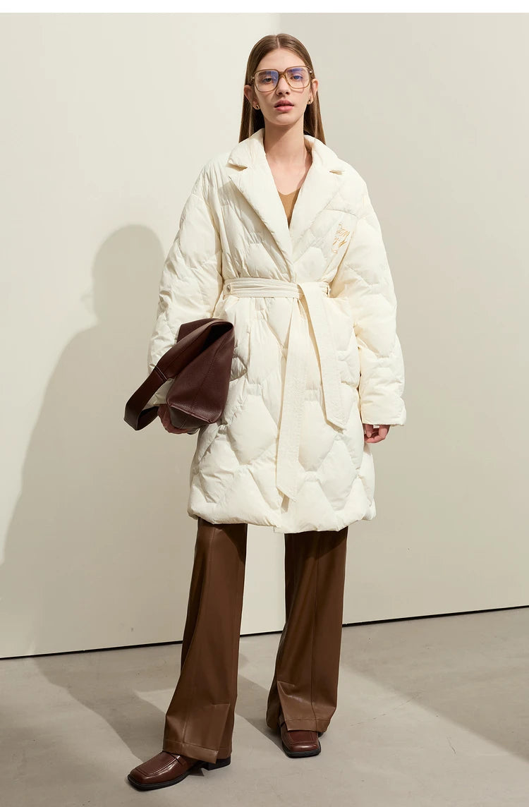 AMII Minimalism Down Jacket For Women 2025 New Blazer Collar Winter Lightweight Thermal Belt Diamond Solid Coat Female 12344061