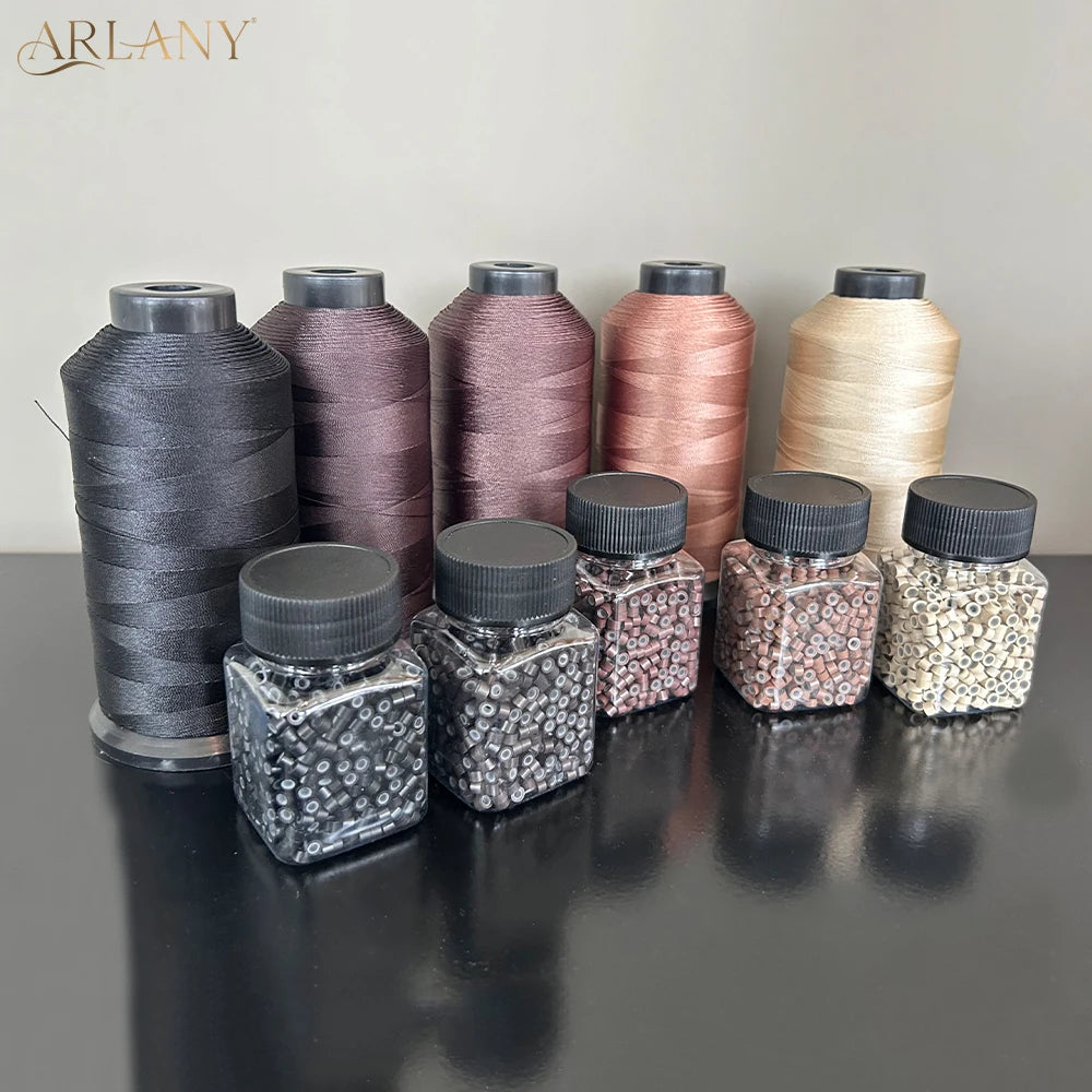 ARLANY 1000Pcs Micro Rings Links Beads Weft Extension Kit With Nylon Bonded Sewing Thread For Sew-In Weft Hair Extension