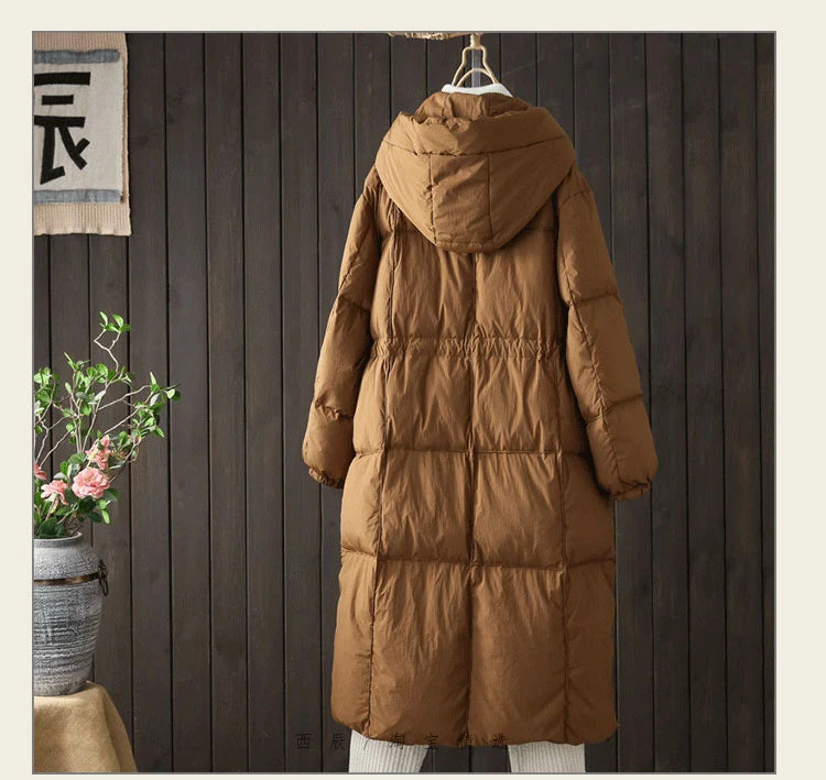 Schinteon Women White Duck Down Long Jacket Casual Loose Autumn Winter Outwear with Hood Warm Coat Big Pockets 2024 Korean Style