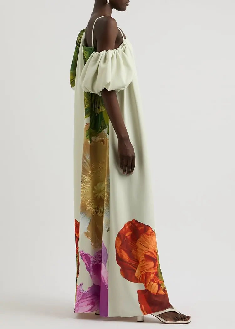 Women New Elegant Floral Printed Evening Maxi Dresses Loose One-Shoulder H-line Vacation Bohemia Dress