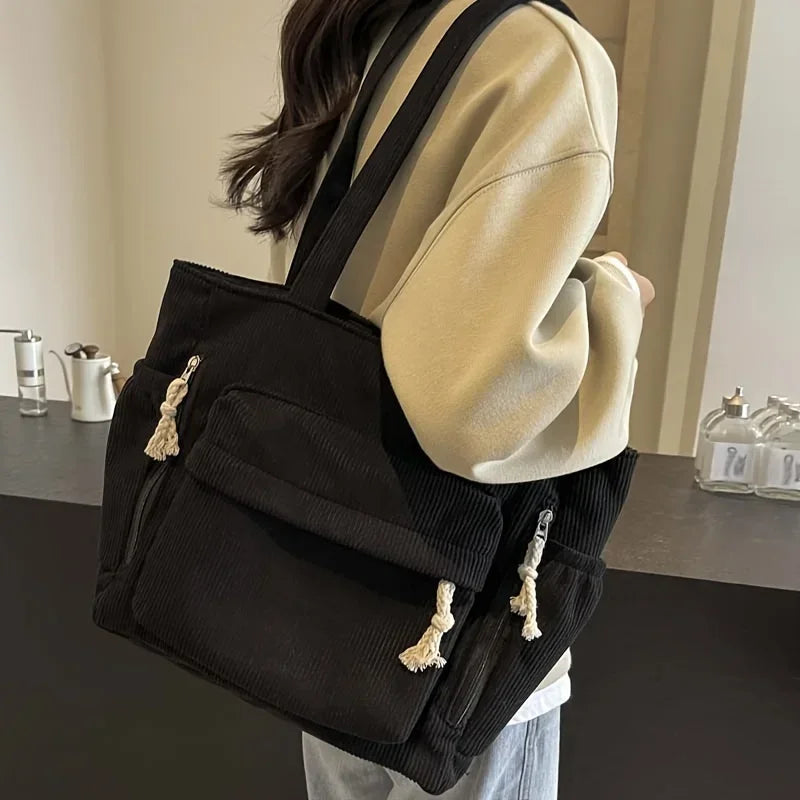 Multi-pocket Women's Bag Corduroy Shoulder Bag Large Capacity Simple Handbag For Female Shopping Bag