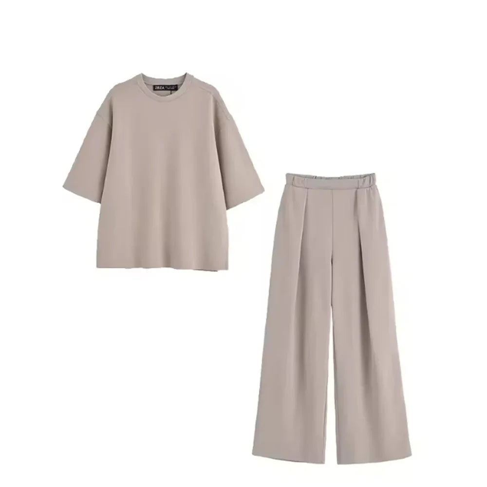 Women Set Sweet O-neck Short Sleeve T-shirt Wide Leg Elastic Waist Trousers 2025 Summer Lady Outfit Casual Solid Top Pants