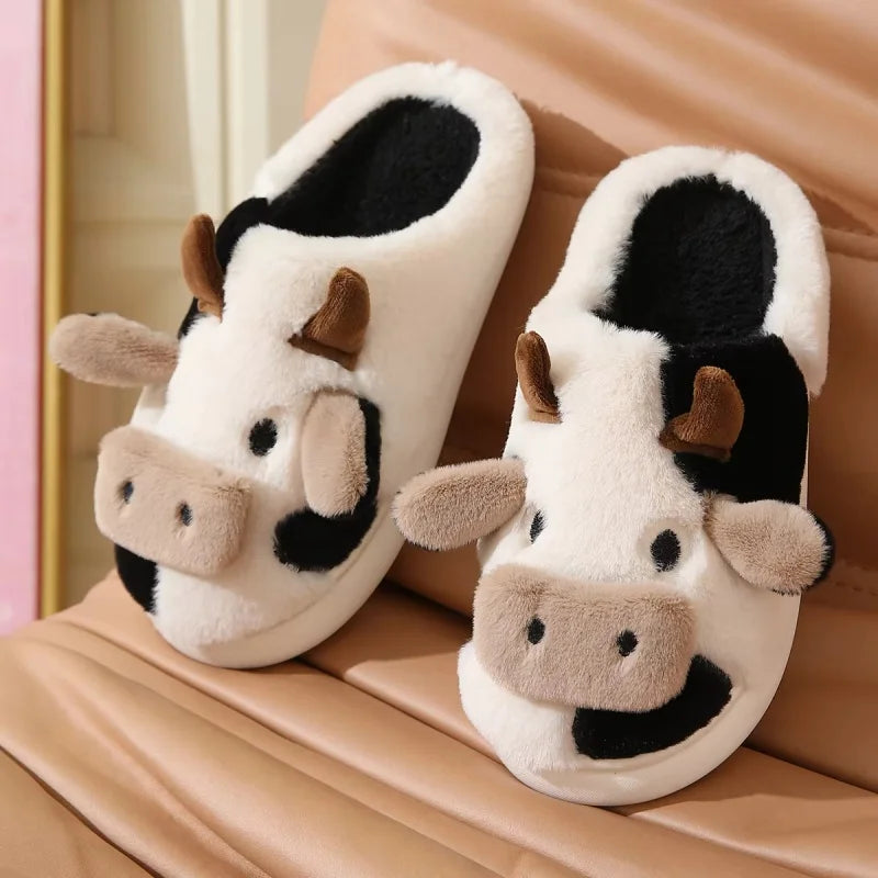 2024 Winter Warm Milk Cow Women Slippers Men Cute Soft Plush Sandals Adults Lovely Non-slip Flip Flops Couples Home Flat Slides
