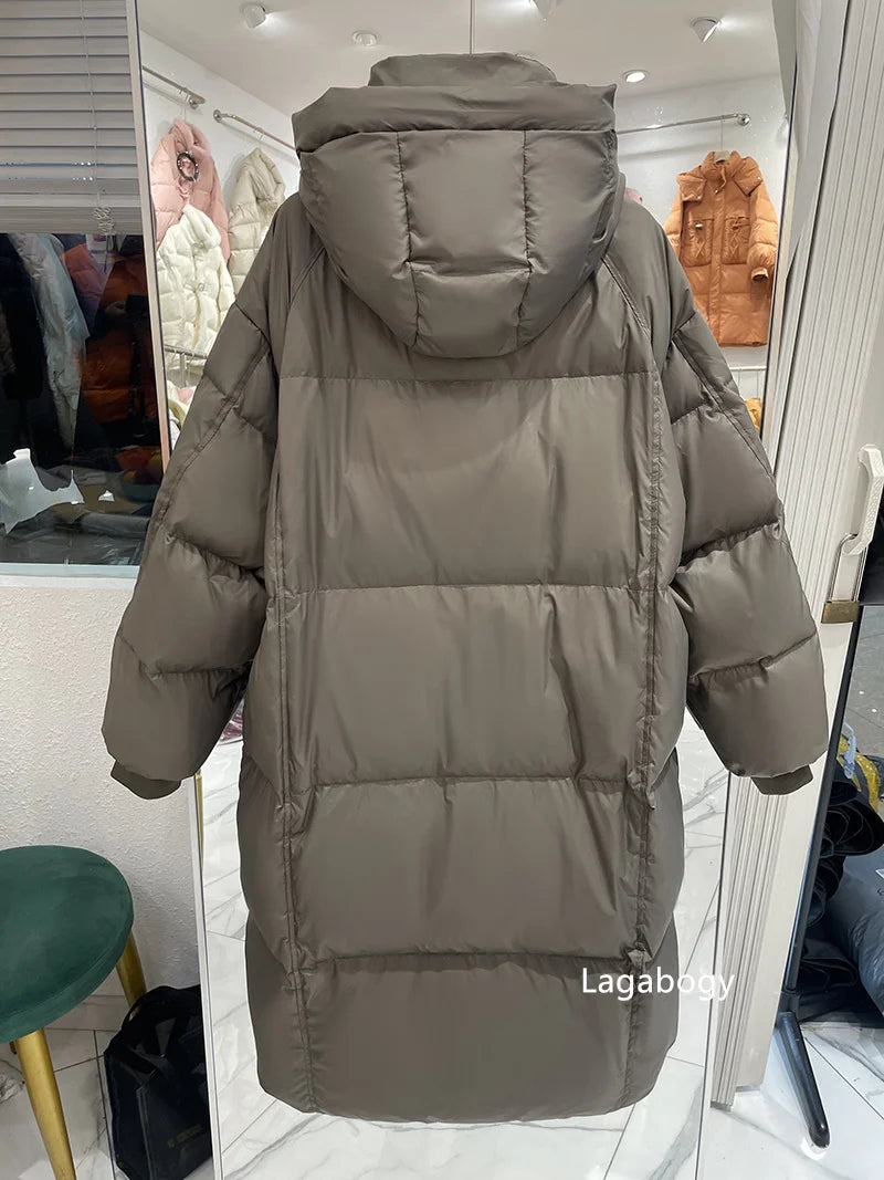 Lagabogy 2025 New Winter Women Puffer Jacket Female White Duck Down Coat Large Version of Warm Hooded Loose Thickened Long Parka