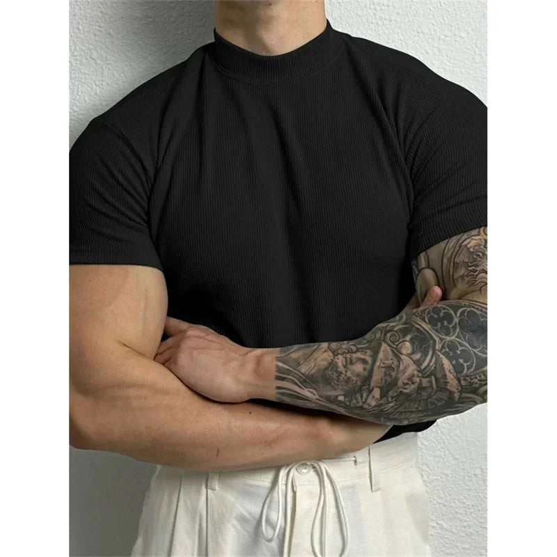 spring summer Elastic Comfortable Men's T-shirt Small high collar stripe shirt short sleeve fitness tops sports casual T-shirt