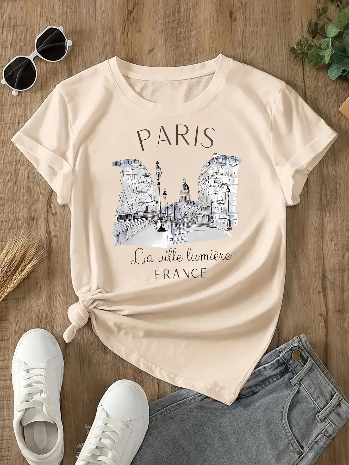Women's Paris Print Crew Neck T-Shirt - Casual Loose Fit Short Sleeve Top with Eiffel Tower & French Lettering Design