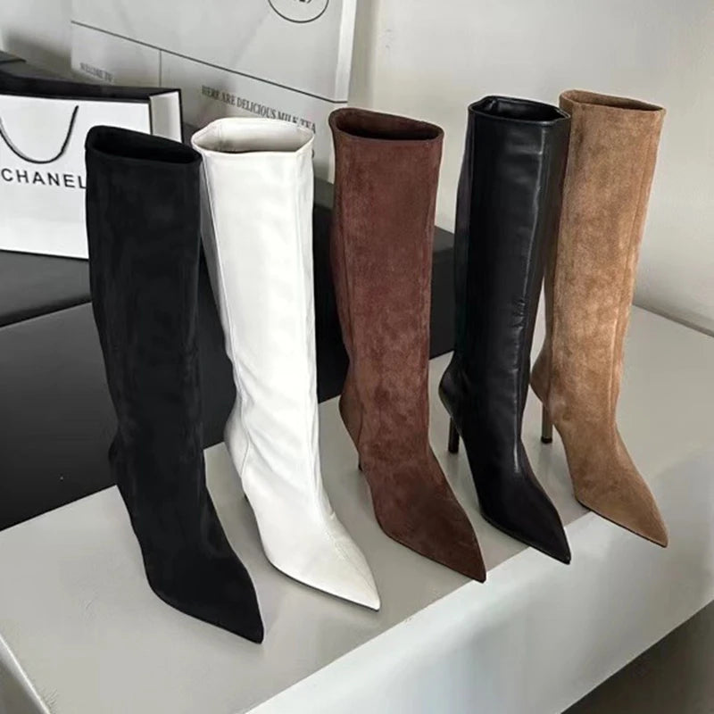 SUOJIALUN Brand Women Long Boots Fashion Pointed Toe Slip On Ladies Elegant Knee-high Boots Thin High heel Outdoor Dress Pumps