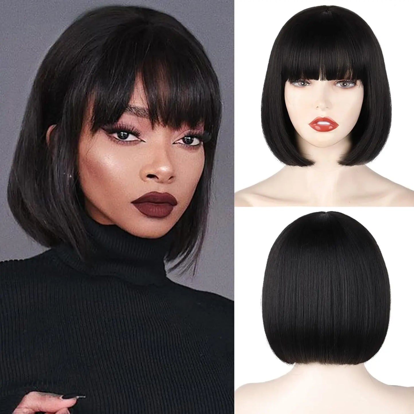 Synthetic 12 Inch Short Bob Black Wig With Bangs for Women Natural Looking Soft Hair Replacement Wigs Velma Kelly Halloween