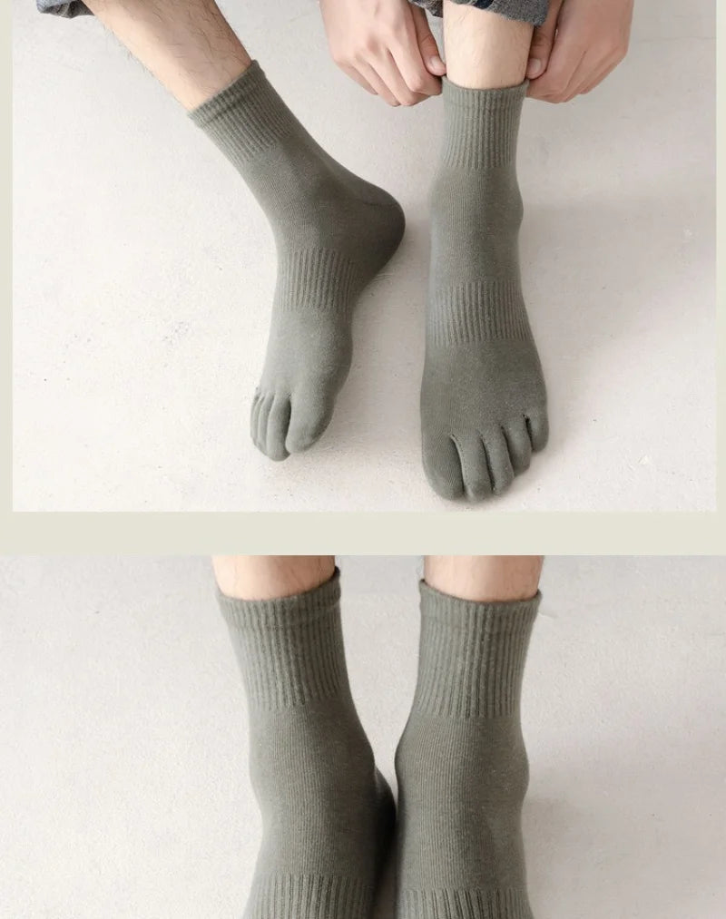 Men's Cotton 5 Toe Socks Mid Cuff Anti Odor Sweat Wicking Non Slip for Spring Autumn Casual Athletic Solid Color Daily Comfort