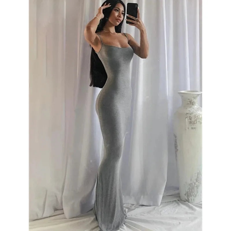 Women Backless Sexy Maxi Dress 2025 Spring Satin Slip Sleeveless Slim Party Concise Платье Female Bodycon Dress Elegant Clothing