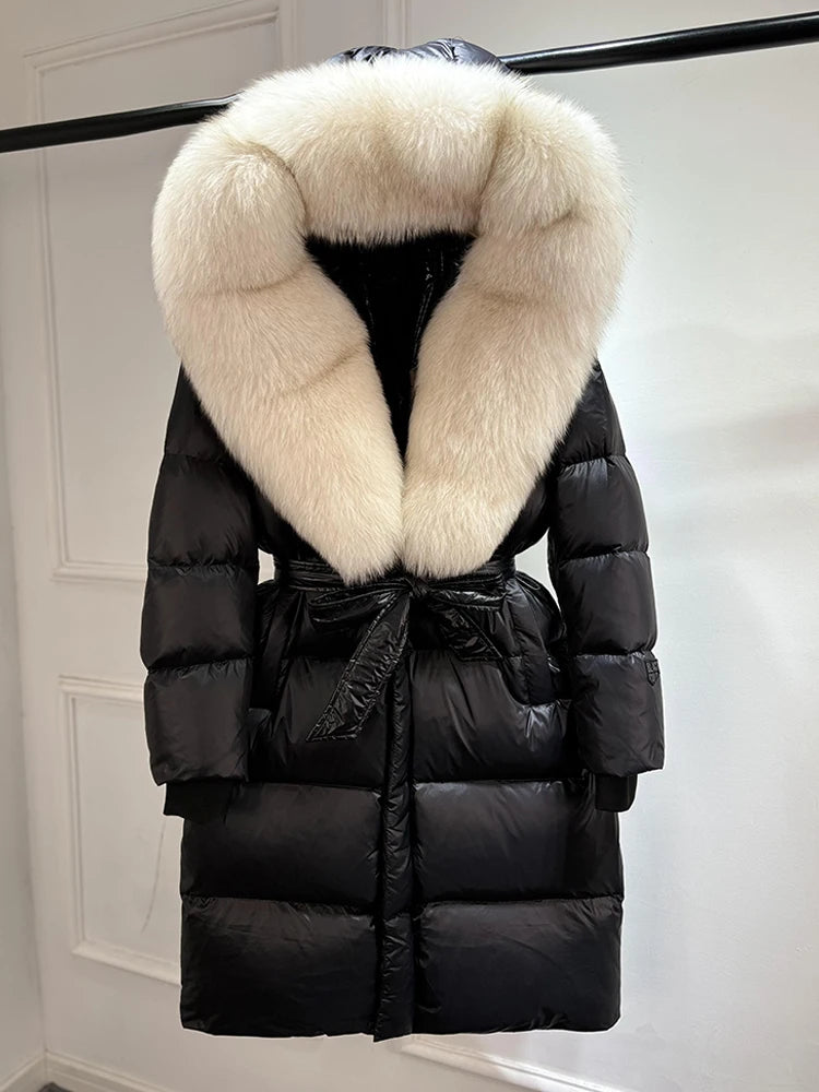 Janveny Winter Real Natural Fox Fur Hooded Long Puffer Down Jacket Women 90% Goose Down Coat Thick Warm Female Shiny Parkas