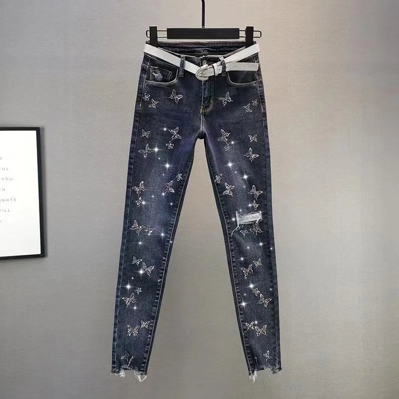 Spring Autumn 2025 New Fashion Harem Denim Pants Women's Korean Elastic Rhinestones High Waist Jeans Pencil Pants Female Trouser