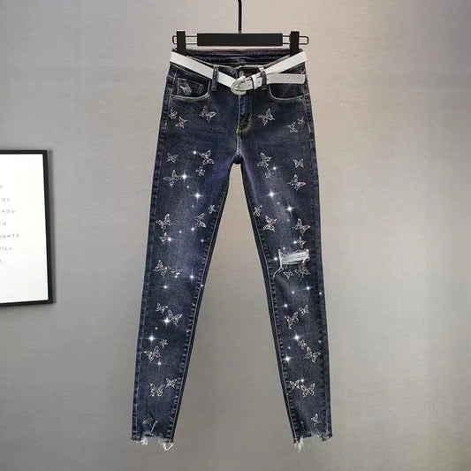 Spring Autumn 2025 New Fashion Harem Denim Pants Women's Korean Elastic Rhinestones High Waist Jeans Pencil Pants Female Trouser