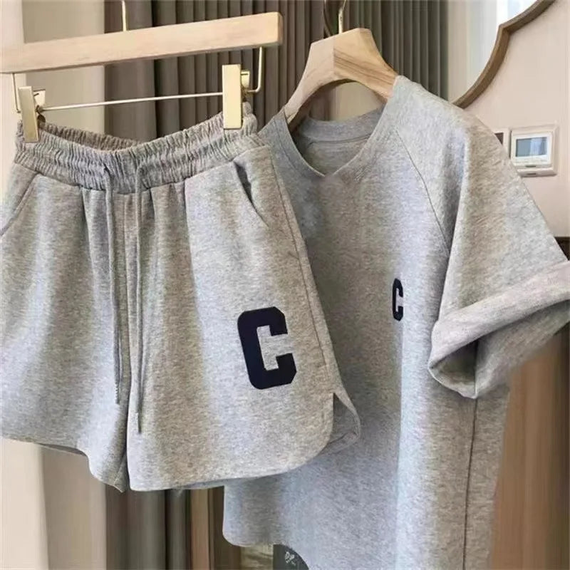 ﻿ 2 Piece Set Women Summer Loose Short Sleeve T-Shirt Casual Shorts Sports Print Letter Casual Suit Large Size Short Pajamas