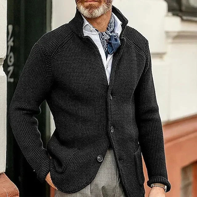 Sweaters Cardigan Men Coat Stand Collar Knitted Open Stitch Full Sleeve Splice Single Breasted Sweater Coats Autumn Winter