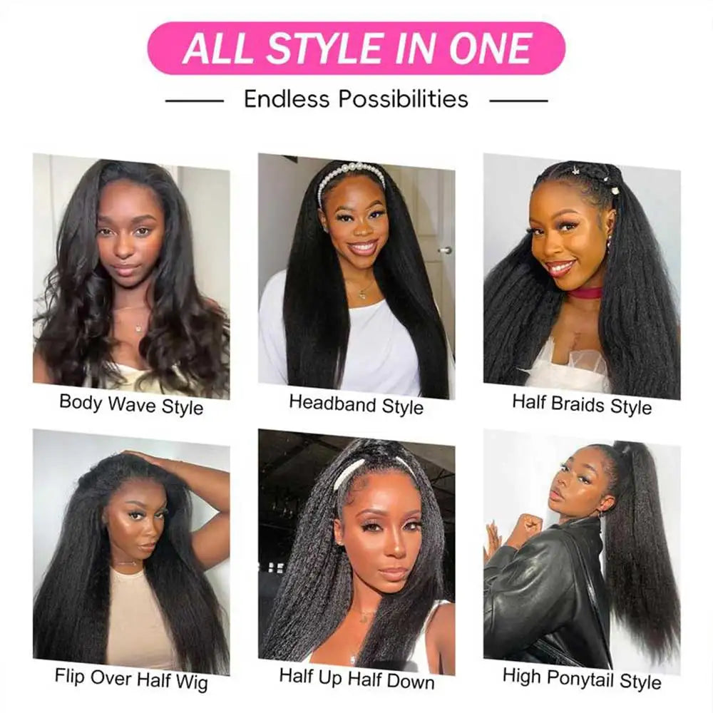 ﻿ Kinky Straight Half Wig Human Hair Ready to Wear 3 IN 1 Half Wig Human Hair Glueless Wig Drawstring Yaki Straight Half  Wig