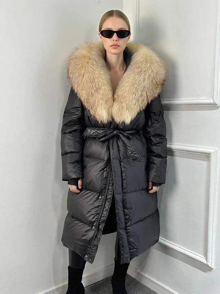 Janveny Winter Real Natural Fox Fur Hooded Long Puffer Down Jacket Women 90% Goose Down Coat Thick Warm Female Shiny Parkas