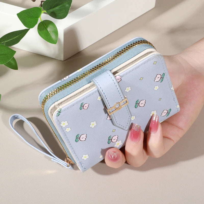 Flower patterned credit card holder for women or men's small card case with zipper hand-held wallet