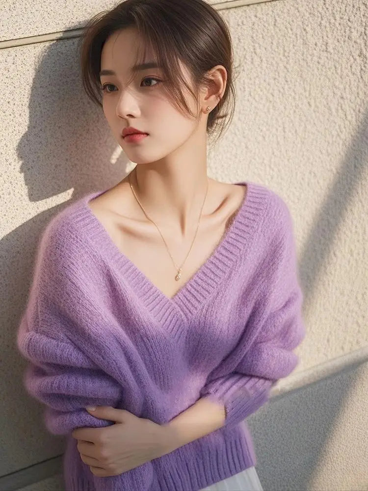 Women Clothes Spring Autumn Fashion Simplicity Elegant Solid Color V-neck Ladies Appear Thin Lazy Wind Long Sleeve Slsweater Top