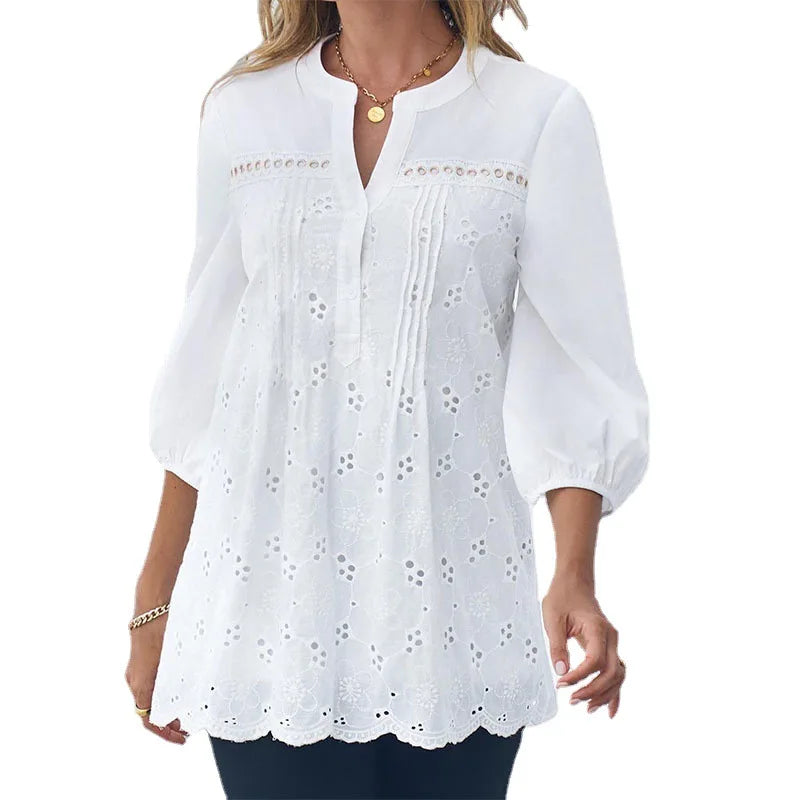 Summer Clothes for Women All-match White V-Neck Hollow Out Pullover Nine Points Sleeve Blouse Lace Slim Elegant Shirt Tunic
