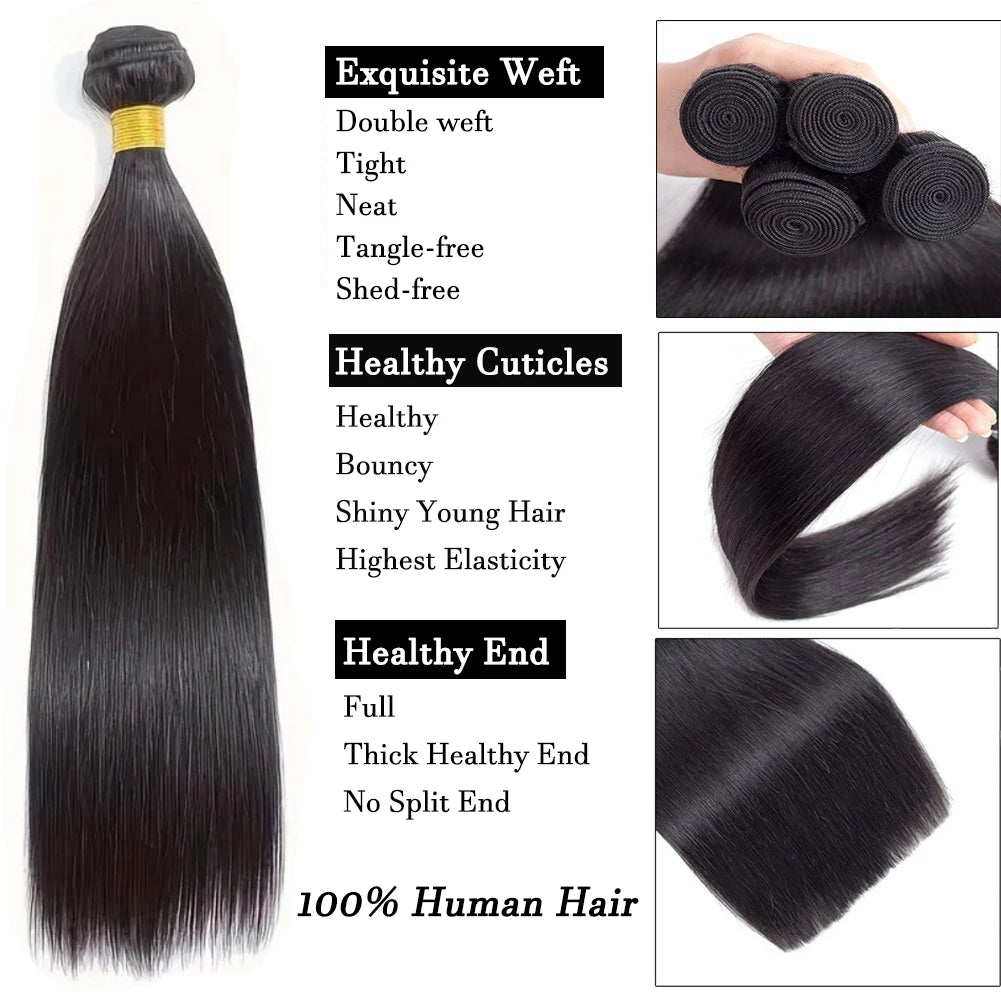 Straight Human Hair Bundles Unprocessed 12A Brazilian Remy 100% Human Hair Extensions Natural Black 8-30 Inch 1/3/4pcs Bundles