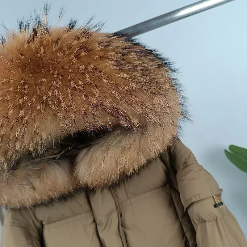 Outerwear Autumn Winter Women Hooded Fashionable Streetwear Detachable Sleeve Real Raccoon Fur Collar Jacket Duck Down Loose