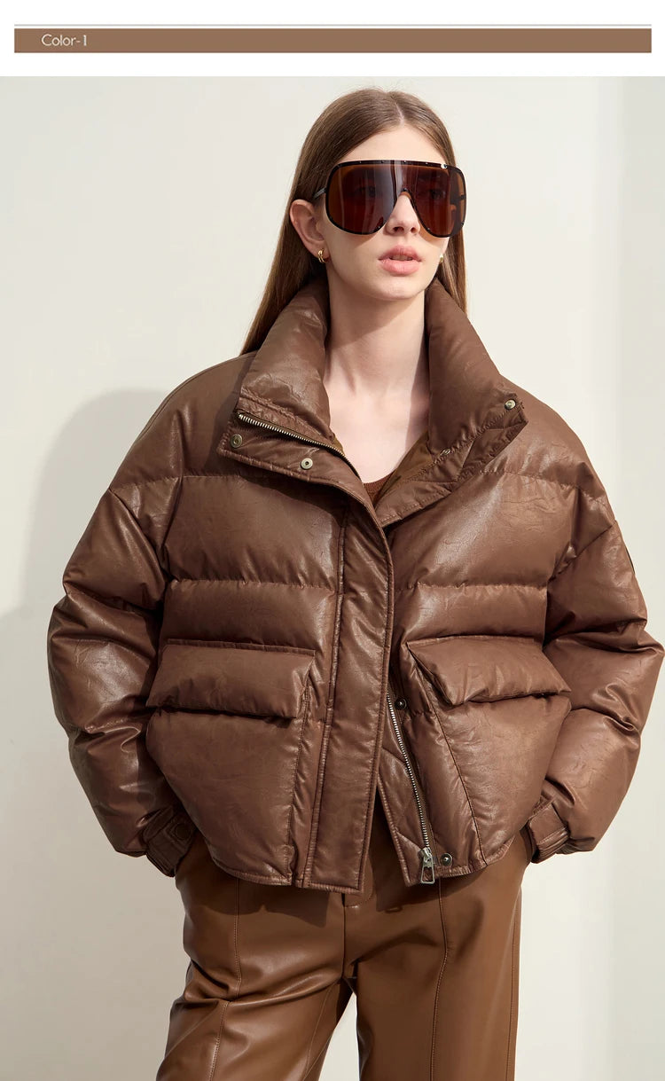 AMII Minimalist Women's Down Coat 2024 Winter Warm Thick Lapel Stand Collar Imitation Leather Duck Down Female Jacket 12444025