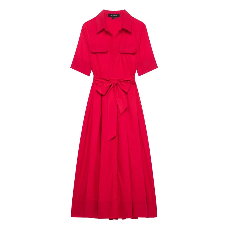 Elegant Single Breasted Khaki Long Dress Women Lapel Short Sleeve Pleat Slim Waist A-line Dresses 2025 Summer Autumn Lady Robes