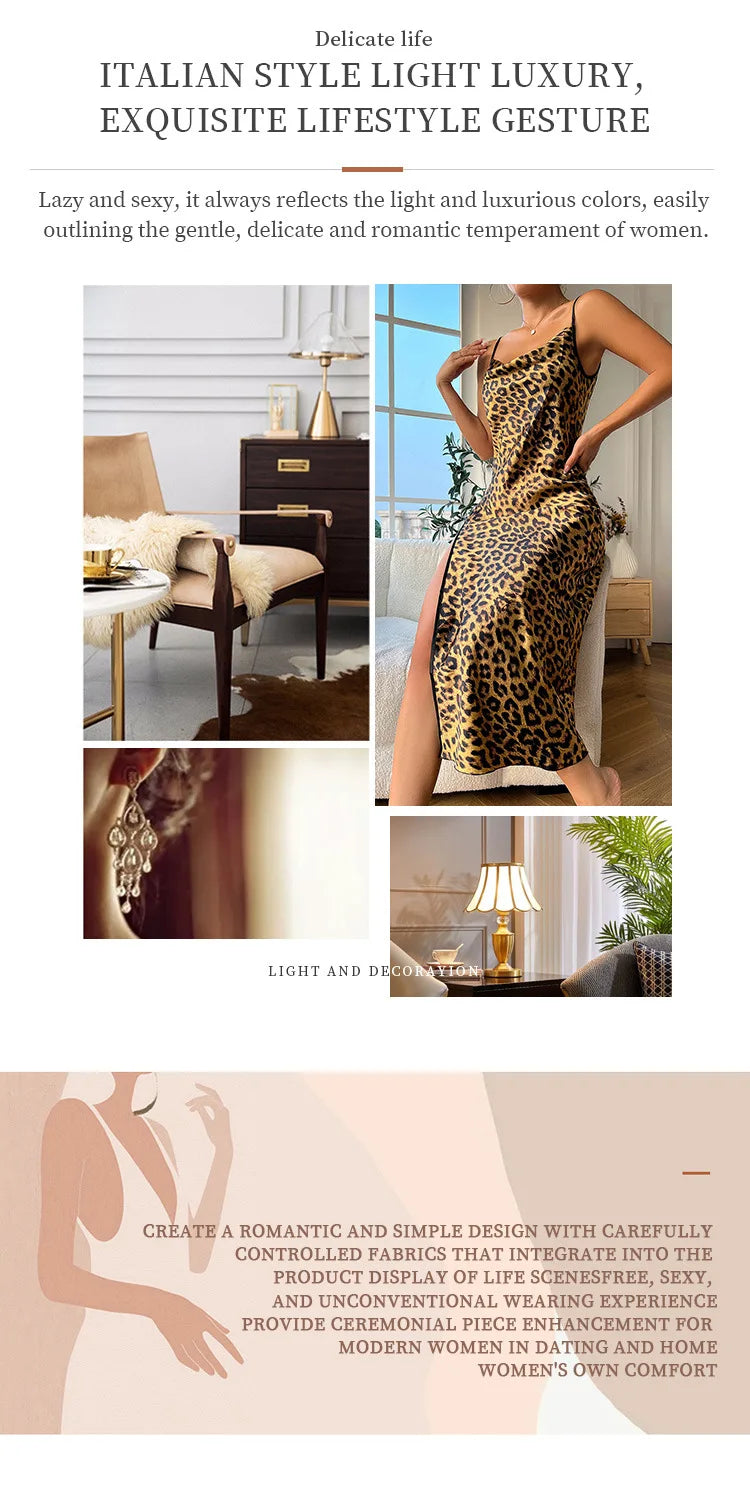 Fashion Backless Slit Ice Silk Camisole Skirt Nightgown Women's Summer Thin Breathable Imitation Silk Sexy Leopard Print Pajamas