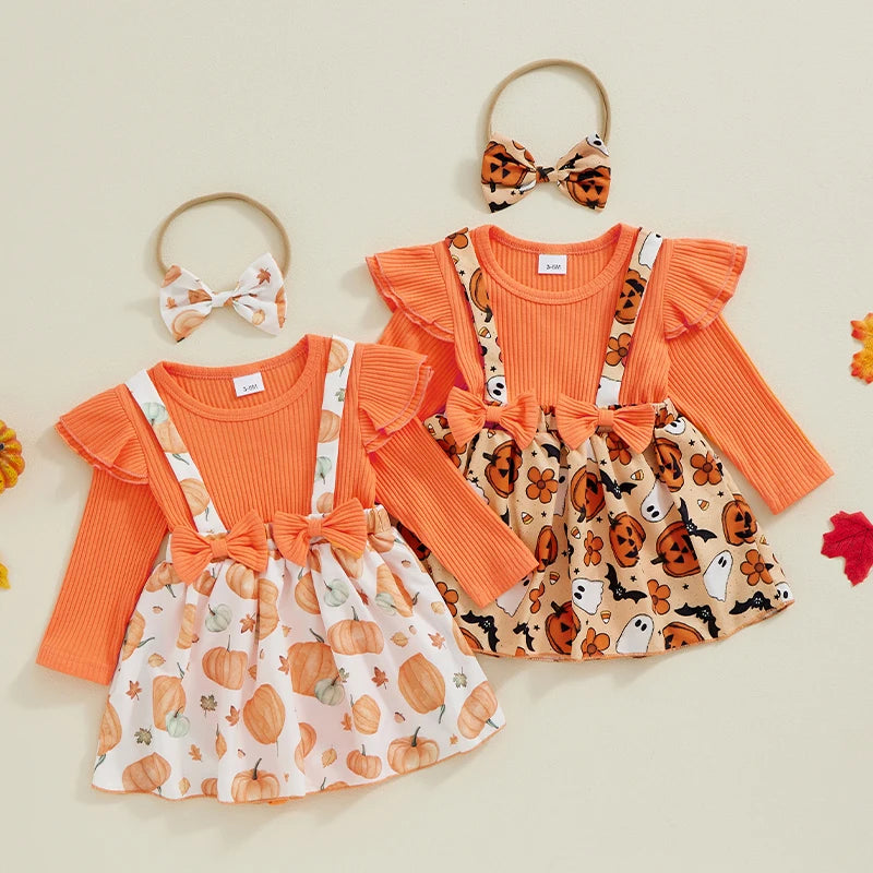 Newborn Baby Girl Halloween Clothes Outfit Pumpkin Ghost Print Long Sleeve Crew Neck Patchwork Romper Dress with Headband