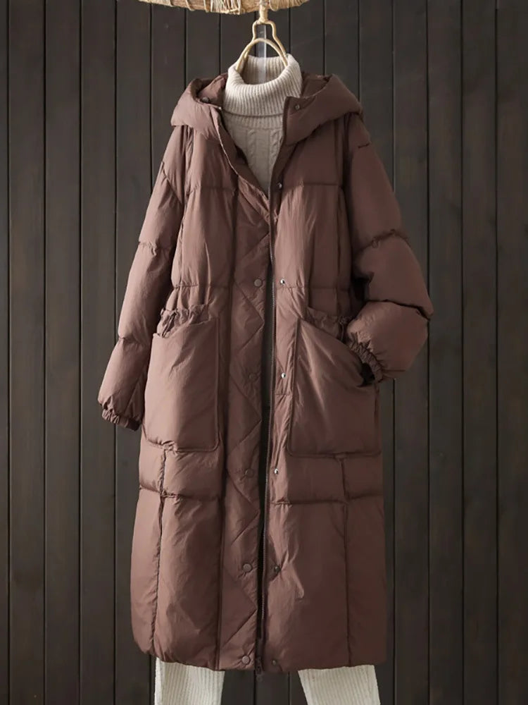 Schinteon Women White Duck Down Long Jacket Casual Loose Autumn Winter Outwear with Hood Warm Coat Big Pockets 2024 Korean Style