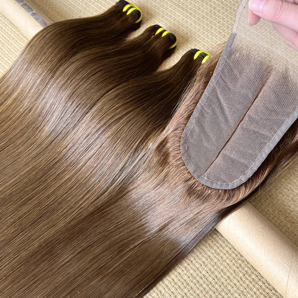 Yiwigs #4 Colored Light Brown 100% Raw Virgin Human Hair Bundles With 4x6 Transparent Lace Closure Hair Weave Extensions