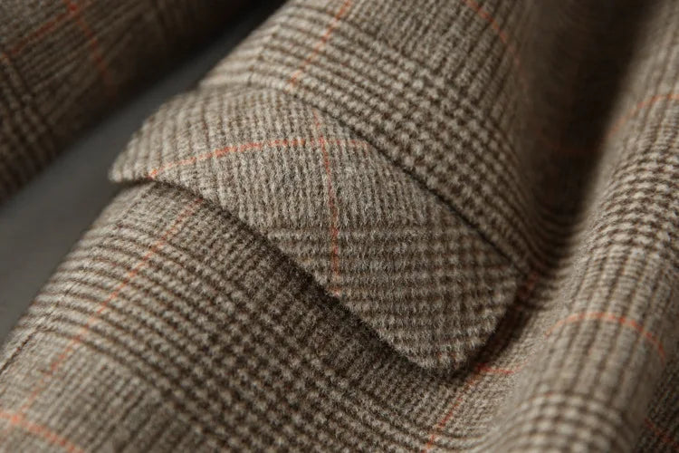 Handmade Sewn Double-sided Woolen Blazer Women Spring Autumn Plaid Wool Overcoat Office Lady Casual Suit Coat Thick Jacket