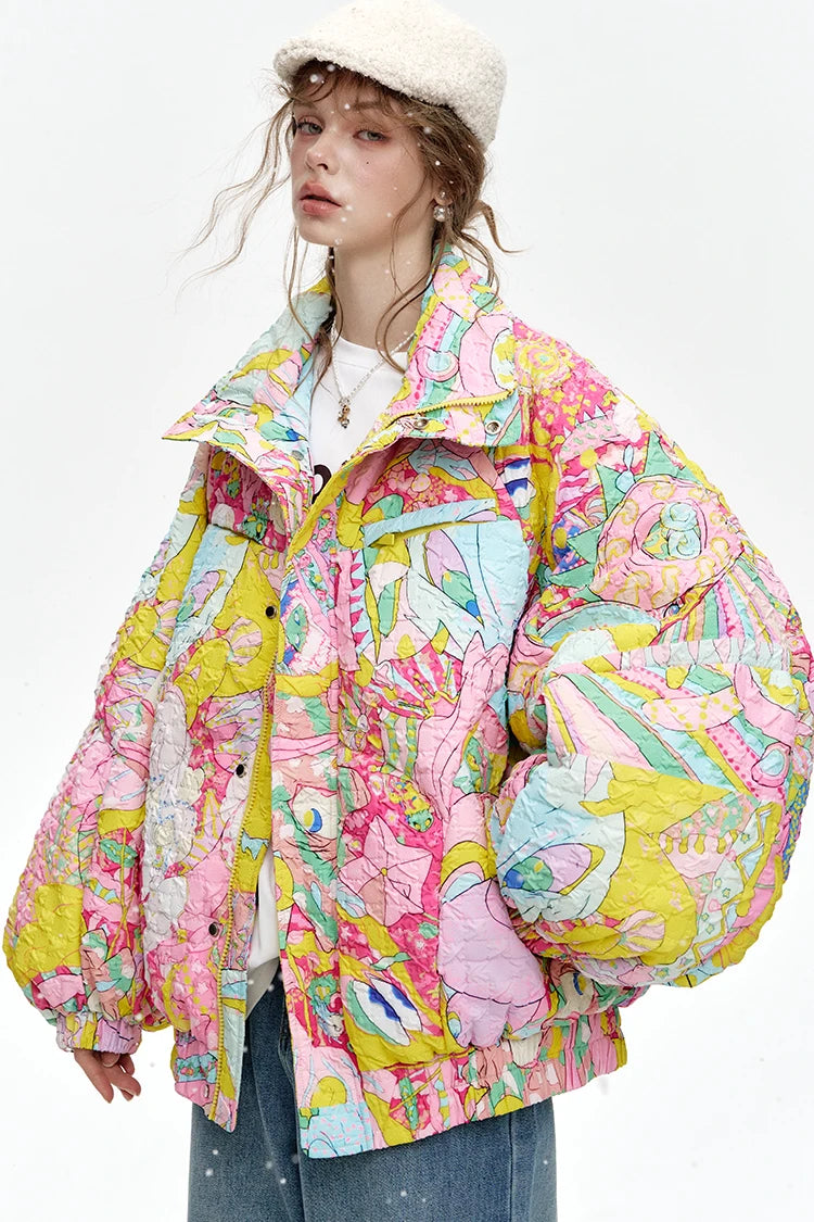 ELFSACK 2024 Winter New Arrivals Stand collar loose full printed short down jacket for women