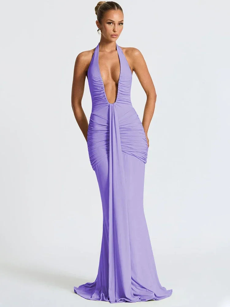 Deep V Neck Draped Ruched Sexy Maxi Dress Women Summer Fashion Halter Sleeveless Backless Club Party Long Dress Elegant