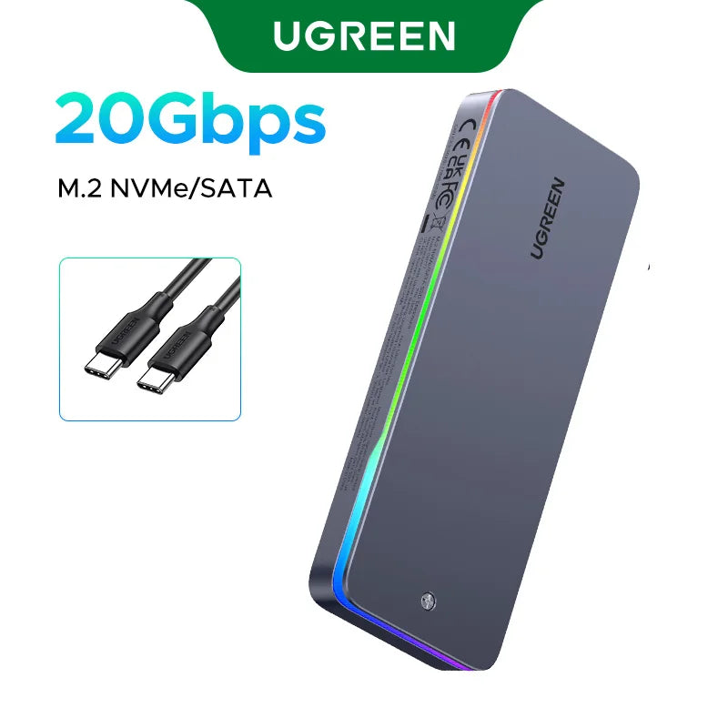 UGREEN 20Gbps M.2 SSD Case NVMe SATA SSD Enclosure Adapter USB 3.2 Gen2 External Enclosure Supports RGB Lighting effect